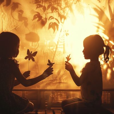 two girl playing shadow puppet on canvas screen, magical, dreamy --ar 16:9 --v 6 Job ID: be6500cf-4c7c-4c21-865d-57e65ef92291